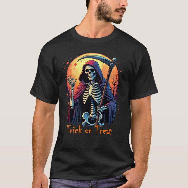 Grim Reaper Bus eller godis Halloween Tee (Framsida)
