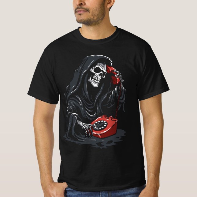 Grim Reaper calling on a red phone T Shirt (Framsida)