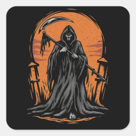 Grim Reaper Cartoon in Sunset Graveyard Fyrkantigt Klistermärke