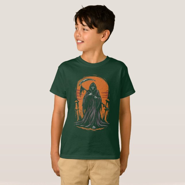 Grim Reaper Cartoon in Sunset Graveyard T Shirt (Hel framsida)
