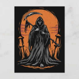 Grim Reaper Cartoon in Sunset Graveyard Vykort