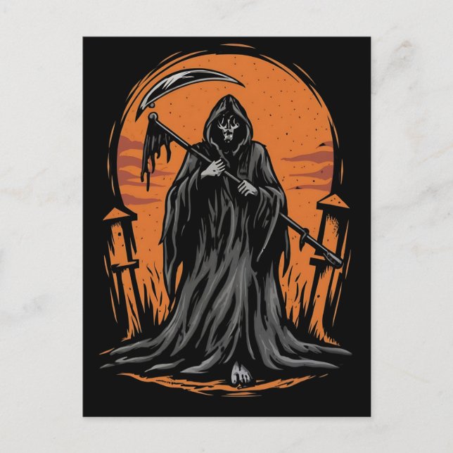 Grim Reaper Cartoon in Sunset Graveyard Vykort (Framsida)