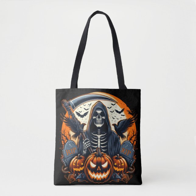 Grim Reaper Graveyard Spooky Pumpkins Halloween Tygkasse (Framsida)