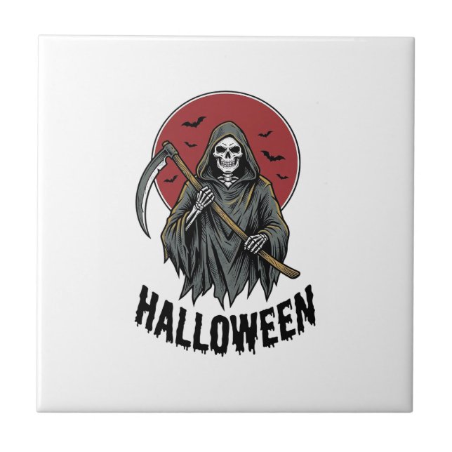Grim Reaper Halloween Vintage Gravyr Konst_1 Kakelplatta (Framsidan)