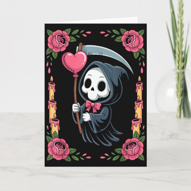Grim Reaper Hjärtballong Ros Ljus Spöklik Goth  Kort (Framsida)