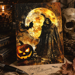 Grim Reaper Jack O' Lantern Vintage Halloween Vykort