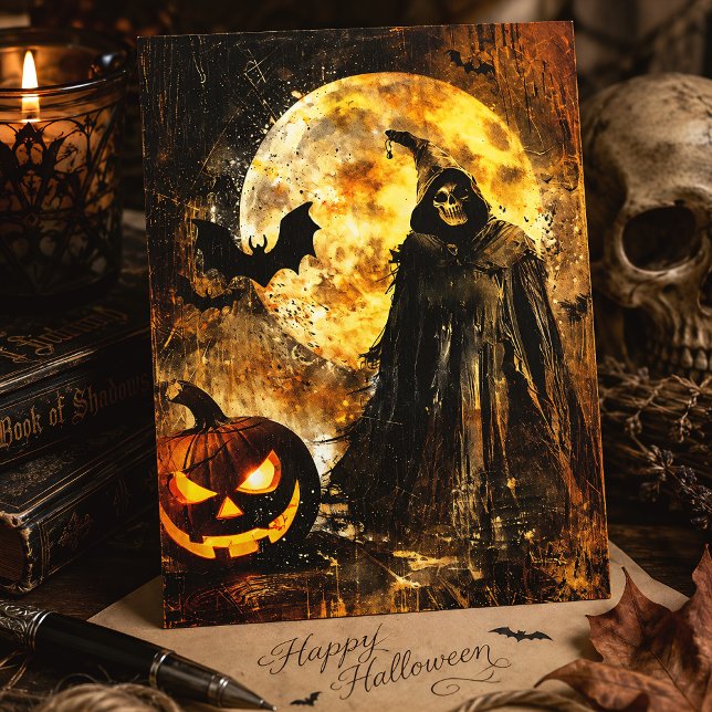 Grim Reaper Jack O' Lantern Vintage Halloween Vykort (Skapare uppladdad)