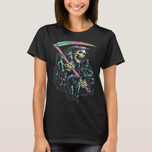 Grim Reaper Ride Satan Cat Demonic Evil T Shirt (Framsida)