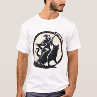 Grim Reaper Riding on Black Cat T Shirt