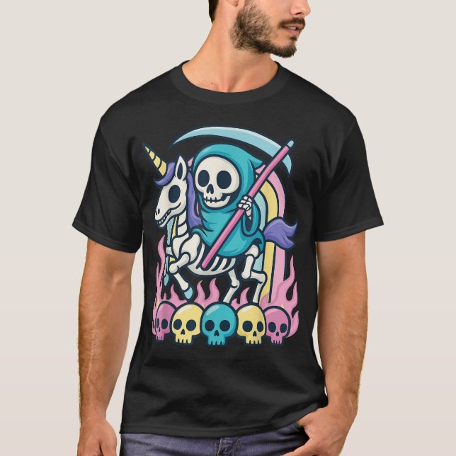 Grim Reaper Riding Skeleton Unicorn Halloween T Shirt (Framsida)
