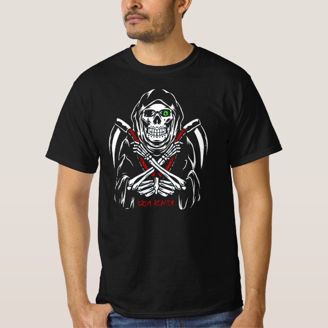 Grim Reaper Scythe Death Skeleton Bones Halloween T Shirt (Framsida)