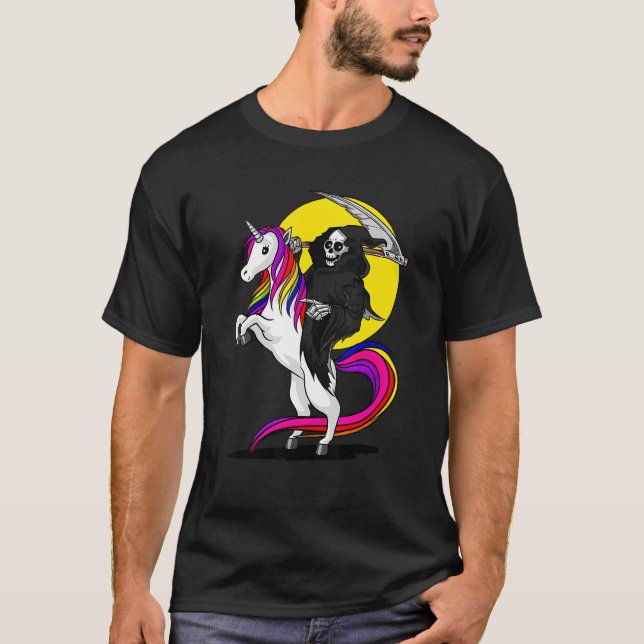 Grim Reaper Skeleton Death Riding Unicorn Hallowee T Shirt (Framsida)