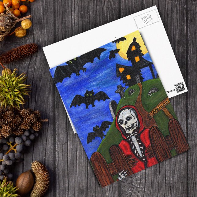 Grim Reaper Skeleton Fladdermus Cemetery Vykort (Skeleton red cape, black haunted house, cemetery, bats on Halloween postcard.)