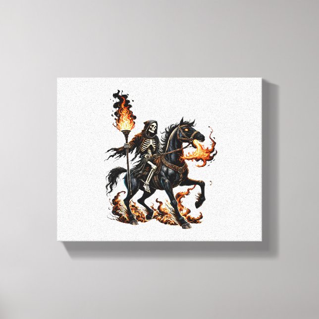 Grim Reaper Skeleton Riding Horse Flames Canvastryck (Framsida)