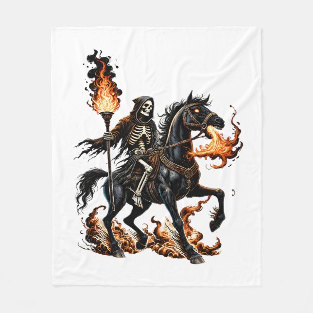 Grim Reaper Skeleton Riding Horse Flames Fleecefilt (Framsidan)