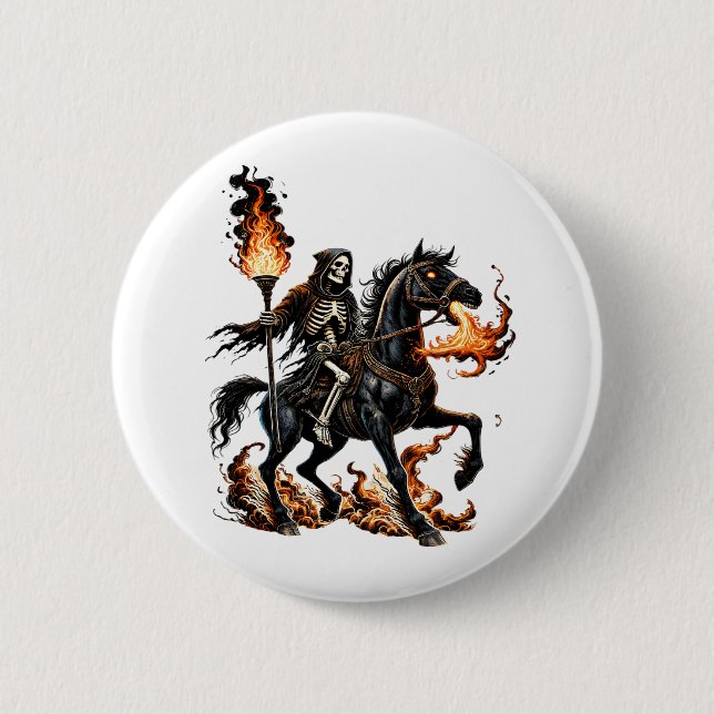 Grim Reaper Skeleton Riding Horse Flames Knapp (Framsida)
