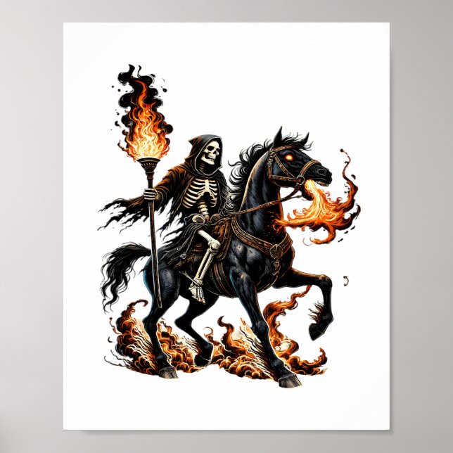 Grim Reaper Skeleton Riding Horse Flames Poster (Framsidan)