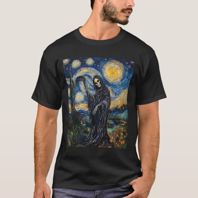 Grim Reaper Skeleton - Van Gogh Stil - Starry Nig T Shirt (Framsida)