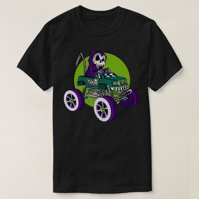 Grim Reaper som körde en Monster Lastbil Funny Hal T Shirt (Design framsida)