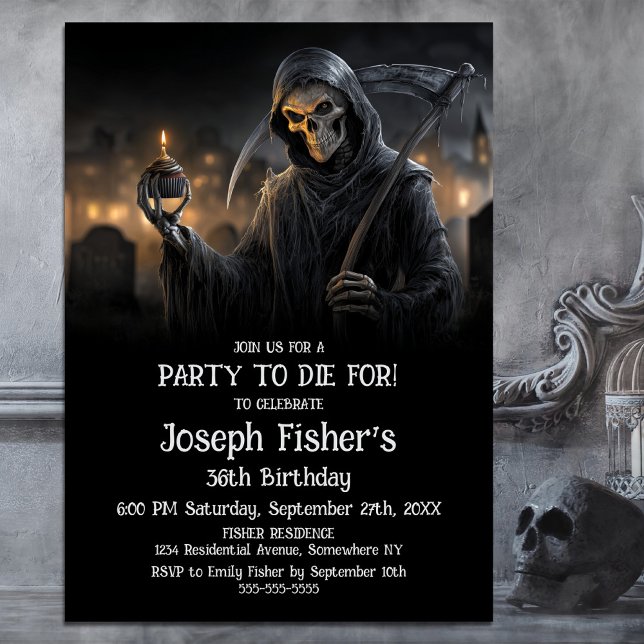 Grim Reaper with Cupcake Birthday Party Invitation Inbjudningar (Skapare uppladdad)