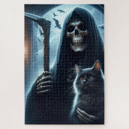 Grim Reeper och Black Cat Halloween Pussel