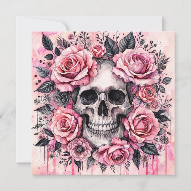 Grinande Dödskalle och Rosa Rosor Gotisk Inbjudningar (Framsida)