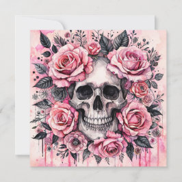 Grinande Dödskalle och Rosa Rosor Gotisk Inbjudningar