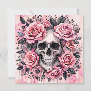 Grinande Dödskalle och Rosa Rosor Gotisk Inbjudningar