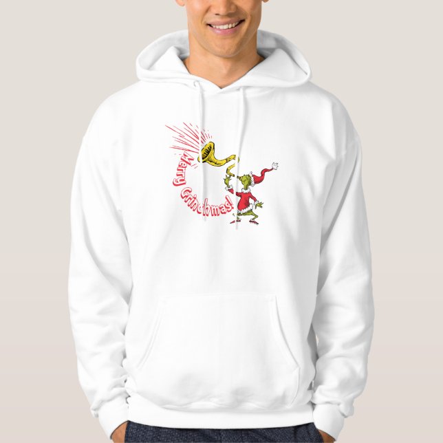 Grinch Blowing the Merry Grinchmas Horn Hoodie (Framsida)