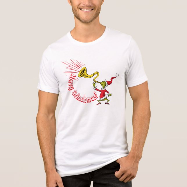 Grinch Blowing the Merry Grinchmas Horn T Shirt (Framsida)