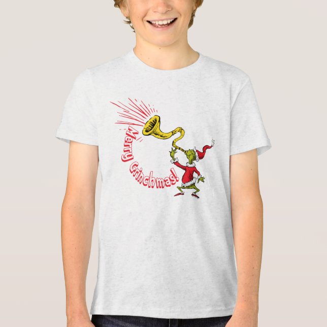 Grinch Blowing the Merry Grinchmas Horn T Shirt (Framsida)