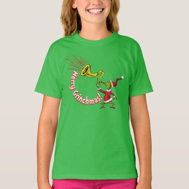 Grinch Blowing the Merry Grinchmas Horn T Shirt (Framsida)