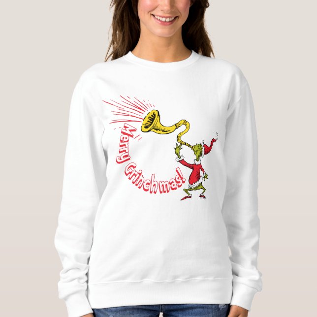 Grinch Blowing the Merry Grinchmas Horn T Shirt (Framsida)