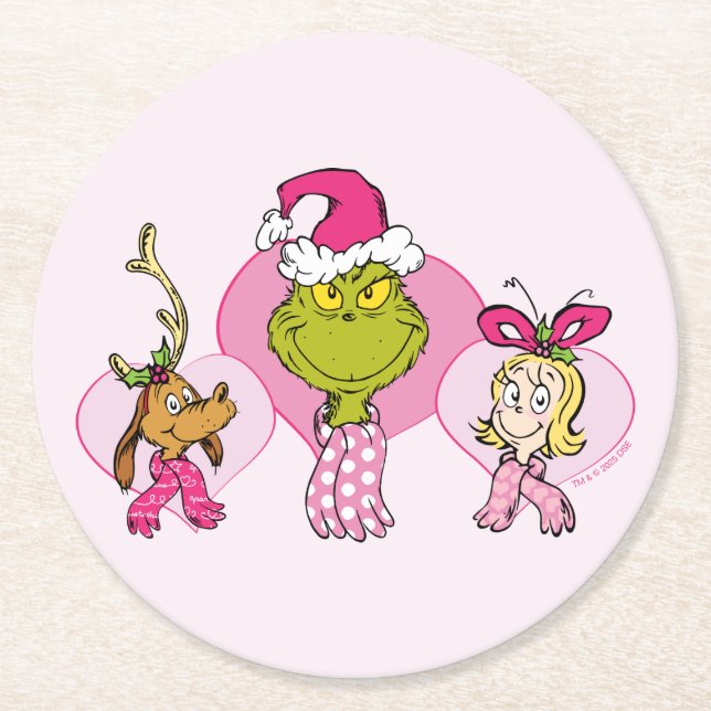 Grinch Crew in Pink Valentine's Portrait Underlägg Papper Rund (Framsidan)