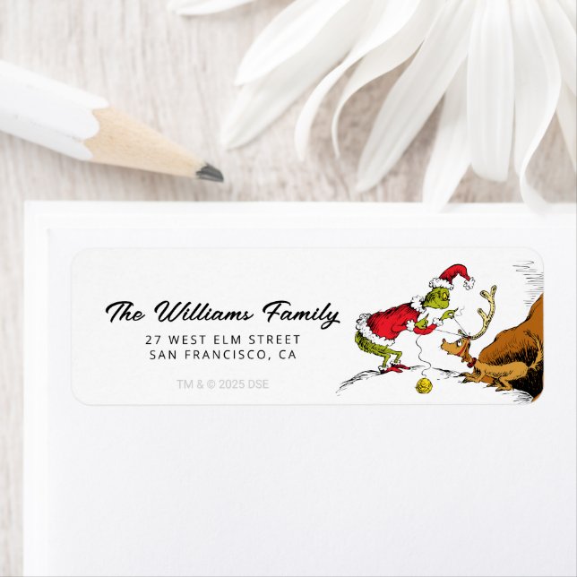 Grinch förbereder Max renen Returadress Etikett (Insitu)