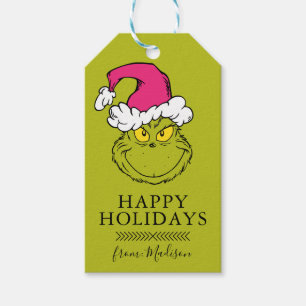Grinch i rosa tomtehatt presentetikett
