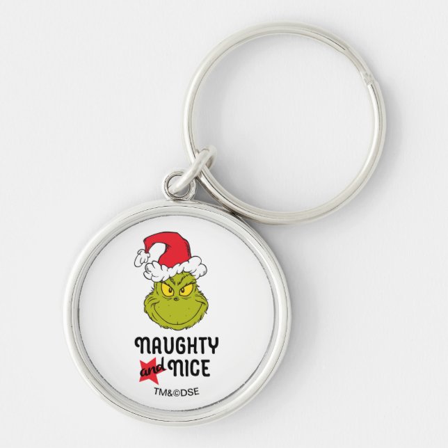 Grinch | Naughty and Nice Rund Silverfärgad Nyckelring (Framsidan)