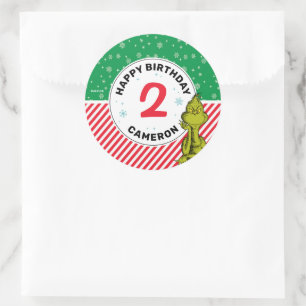 Grinch Röd och Grön Snöflinga Födelsedag Runt Klistermärke