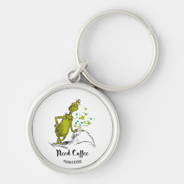 Grinch | Rolig Behöver Kaffe Rund Silverfärgad Nyckelring (Framsidan)