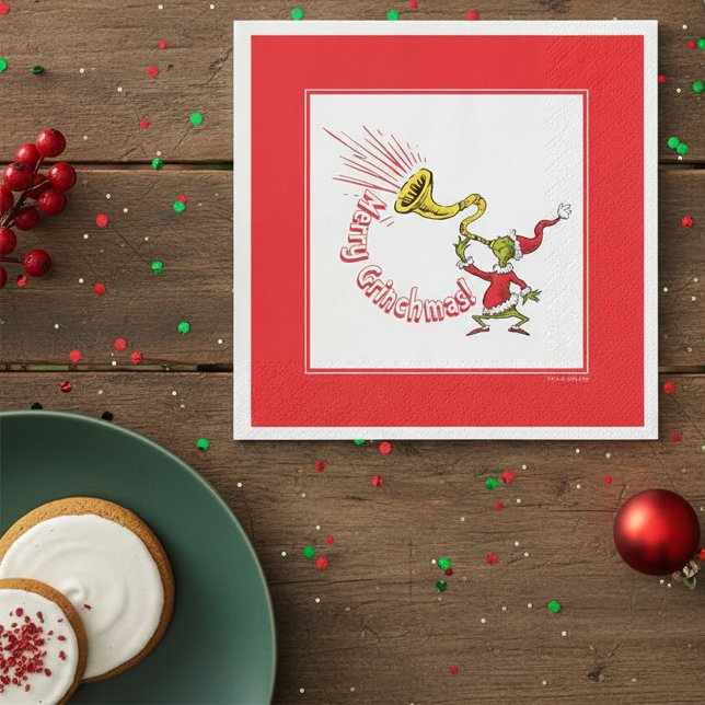 Grinch som blåser i den glada Grinchmas-hornen Pappersservett (Skapare uppladdad)