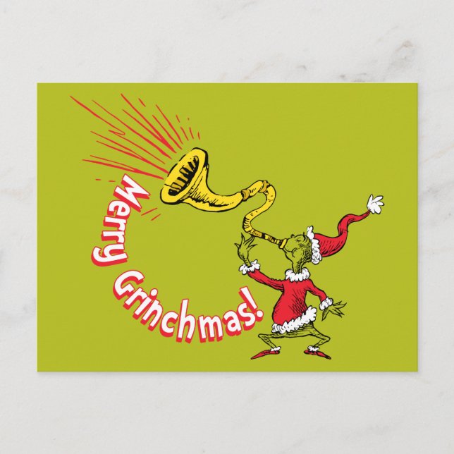Grinch som blåser i den glada Grinchmas-trutten Vykort (Framsida)
