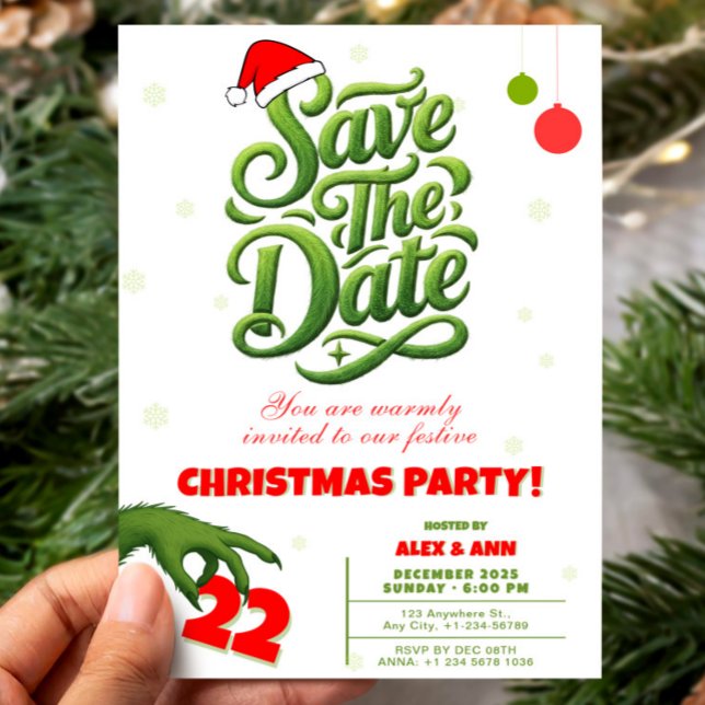 Grinch Style Christmas Party Save the Date Inbjudningar (Grinch Style Christmas Party Save the Date Invitation, Funny Xmas invite)