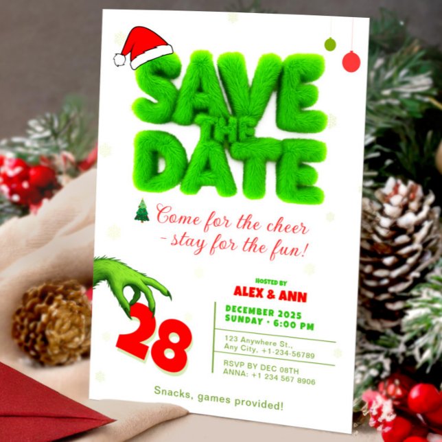 Grinch Style Save The Date Christmas New Year Inbjudningar (Grinch Style Save The Date Christmas New Year Invitation, Merry Grinchmas, Christmas Invitation)
