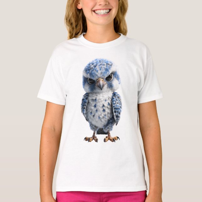 Grinig blå liten ugglefågel karaktär för barn t shirt (Framsida)