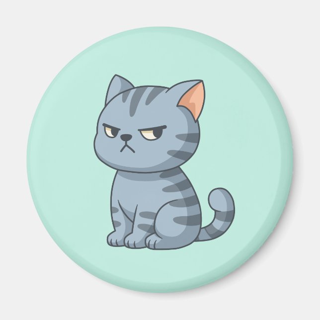 Grinig grå marmorerad katt på grönt magnet (Framsidan)