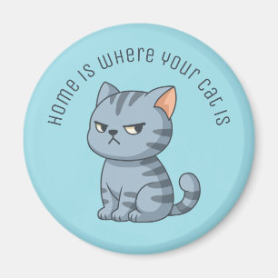 Grinig Grå Tabby Katt Anpassad Text Blå Magnet