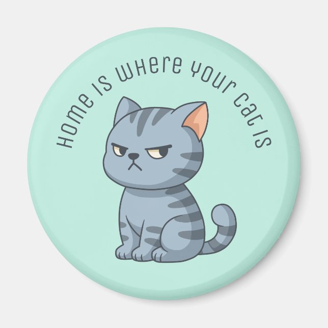 Grinig Grå Tabby Katt Anpassad Text Grön Magnet (Framsidan)
