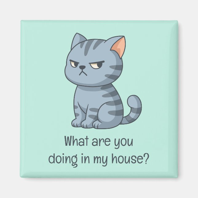 Grinig Grå Tabby Katt Rolig Text Grön Magnet (Framsidan)