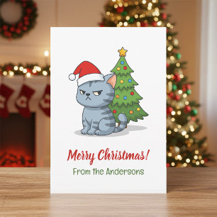 Grinig grå tabbykatt Röda julhatten Julgran Julkort