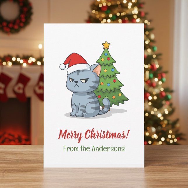 Grinig grå tabbykatt Röda julhatten Julgran Julkort (Skapare uppladdad)
